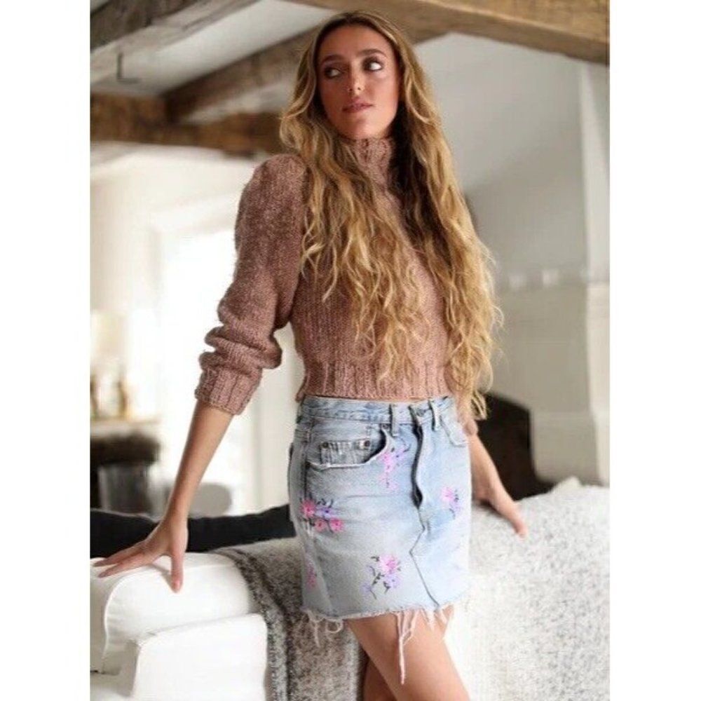 NWT FREE PEOPLE X RIALTO JEAN PROJECT Sz 30 PAINTED CHARLOTTE DENIM MINI SKIRT